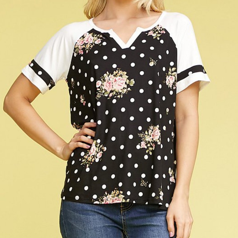 Black & Cream Polka Dot Floral Notch Raglan Tee